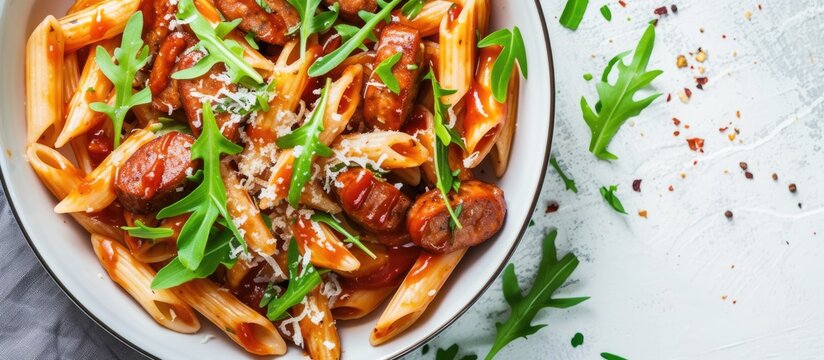A white bowl is filled with pasta and sausage, topped with arugula, ketchup, and seasoning. The dish looks hearty and flavorful, ready to be enjoyed.