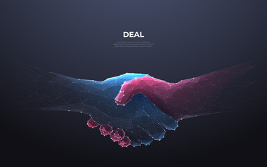 Abstract digital partnership concept. Handshake consists of polygons, lines, and connected dots. Blue and red or pink colors. The best deal icon on technology background. Business vector illustration.