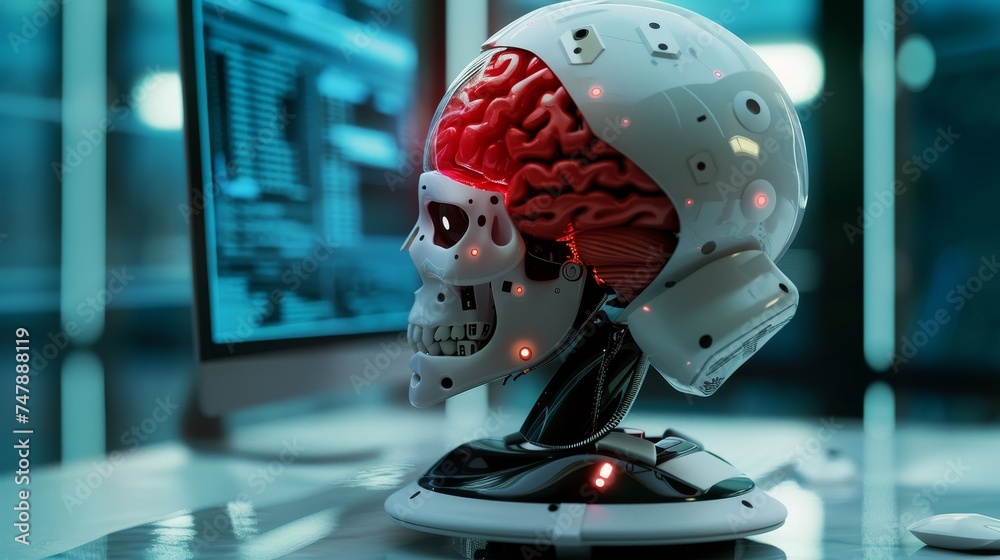 Leinwandbilder Using a robot to check brain test results with a computer interface, future brain analysis, and innovative concepts in science and medicine