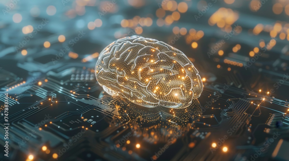 Poster Futuristic cyber technology innovation. Brain representing artificial intelligence with printed circuit board.