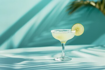 classic margarita cocktail garnished with a lime slice and a salt rim - obrazy, fototapety, plakaty