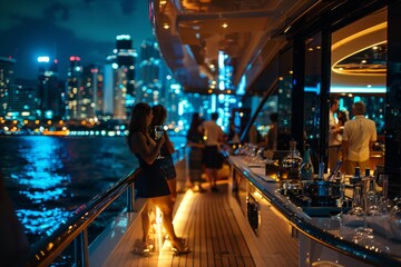 Professional Photography of a Glamorous Yacht Party Underway, With Guests Sipping Champagne on The Deck, a DJ Spinning Tunes, Generative AI