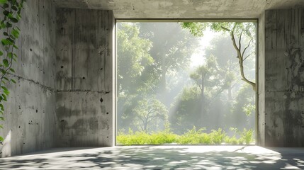 Concrete room with large window on nature background, 3D render.