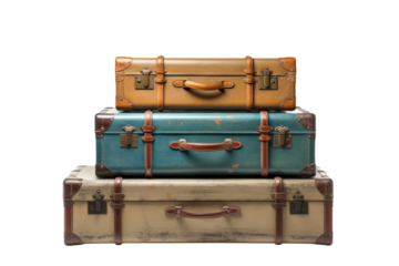Three suitcases of varying sizes are neatly stacked on top of each other, creating a vertical arrangement. They appear to be in a standing position, showcasing their stability and balance.