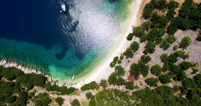 Crystal-clear turquoise waters edge Foki Beach in Kefalonia, lush greenery surrounding, aerial shot