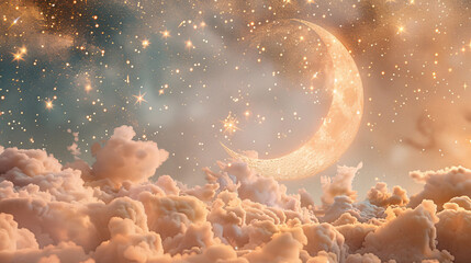 World Sleep Day moon and stars background, cure autism fairy tale starry sky scene illustration - obrazy, fototapety, plakaty