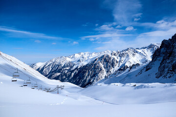 Landscape in Trans-Ili Alatau on a winter day. 
Trans-Ili Alatau is a part of the Northern Tian Shan mountain system. Kazakhstan.  Almaty.
