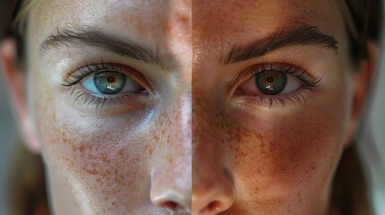 An example of skin tanned on half of the face. Before and after tan lotion or spray for a woman. - obrazy, fototapety, plakaty