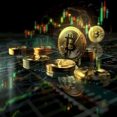A central Bitcoin coin stands tall on a fluctuating trading chart, representing the pivotal role of cryptocurrency in modern trading environments. AI Generative