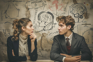 Female worker specialist in psychology analyzes words of interlocutors and draws conclusions of solving problems. Men talk while looking at each other - obrazy, fototapety, plakaty