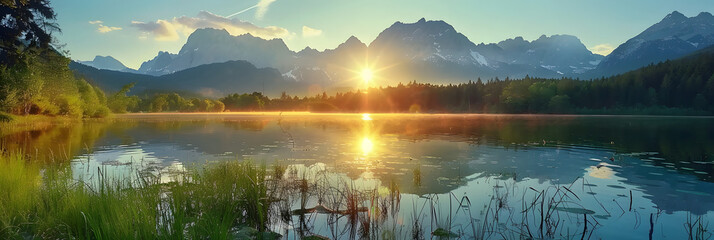impressive summer sunrise on eibsee lake with zugspitze mountain range sunny outdoor scene in german alps bavaria germany europe beauty of nature concept background - obrazy, fototapety, plakaty