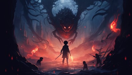 dark fantasy concept showing the boy with a torch facing smoke monsters with boy - obrazy, fototapety, plakaty