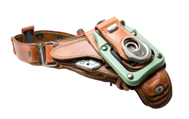 A leather belt with a built-in camera hanging on a display. The camera is neatly integrated into the belt, ready to capture moments with discreet ease.