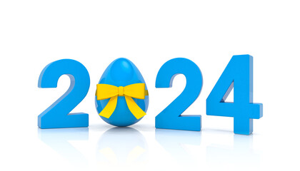 3d rendering of the year 2024 in blue with the number zero as an Easter egg with a yellow ribbon, on a reflective floor on a white background - vacation concept.