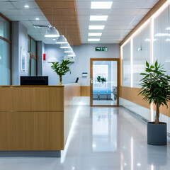 Hospital Long hallway with wooden reception desk and plants, world heath Day - obrazy, fototapety, plakaty