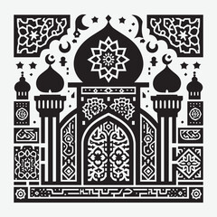 Islamic mosque with moon, stars vector. Greeting Banner Template Illustration