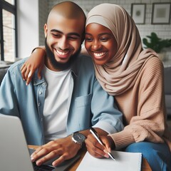  Smiling muslim couple enjoying time together with laptop at home - obrazy, fototapety, plakaty