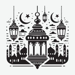 Islamic mosque with moon, stars vector. Greeting Banner Template Illustration