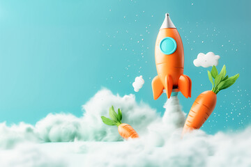 Carrot rocket launch on pastel sky blue background. Easter minimal concept. space for text
