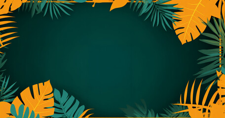 Fototapeta na wymiar a green and yellow background with tropical leaves and a square frame for text or image with a place for text, generative ai