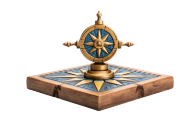 A wooden box is depicted with a compass placed on top of it. The box appears weathered and rustic, while the compass gleams in the light.