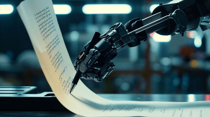A robotic arm pens a letter, showcasing the fusion of technology and human communication in a mechanical yet personal act of writing. - obrazy, fototapety, plakaty