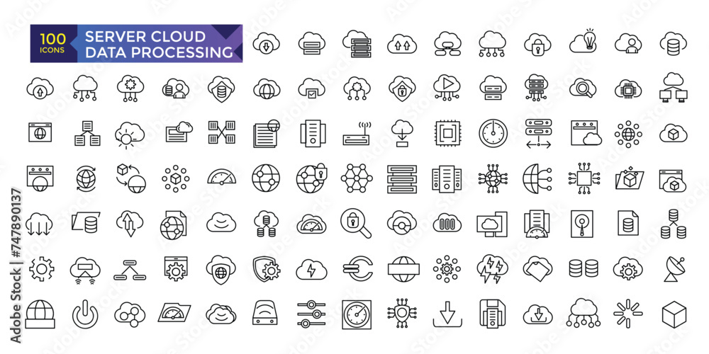 Poster server cloud computing and data processing icon set, cloud services, server, cyber security, digital