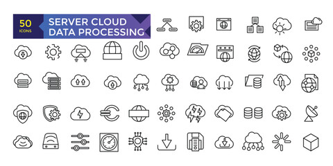 Fototapeta na wymiar Server Cloud computing and data processing icon set, cloud services, server, cyber security, digital transformation. Outline icon collection.