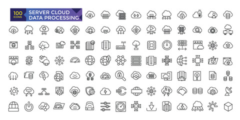 Server Cloud computing and data processing icon set, cloud services, server, cyber security, digital transformation. Outline icon collection.