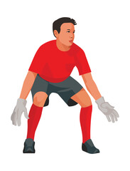 Asian boy figure of a junior football goalkeeper in a red shirt standing in front of the goal with legs bent waiting for the ball
