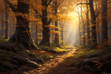 a path through a forest with trees and yellow leaves - Powered by Adobe