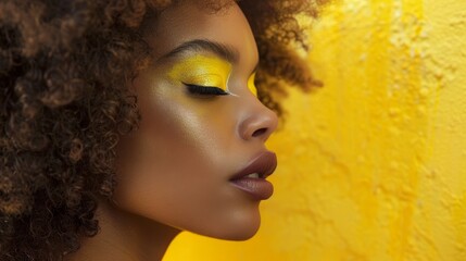 Afro textured brunette girl with afro hair, creative yellow make-up, lips, and eyeshadows on a colorful background. - obrazy, fototapety, plakaty