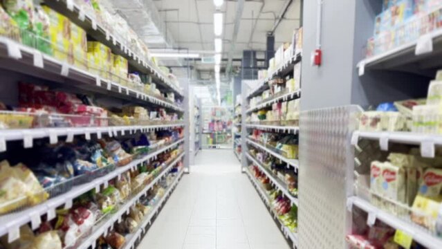 supermarket shelves, blurred background, empty store