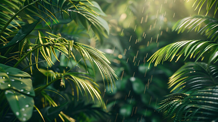 Raindrops on leaves close-up background on rainy day, rain season plant and water drop scene illustration