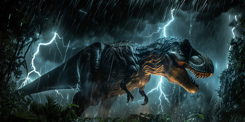 Tyrannosaurus Rex in dramatic scene unfolds amidst a raging thunderstorm