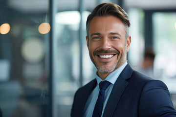 Fototapeta premium Confident male entrepreneur with a friendly smile in a contemporary corporate setting
