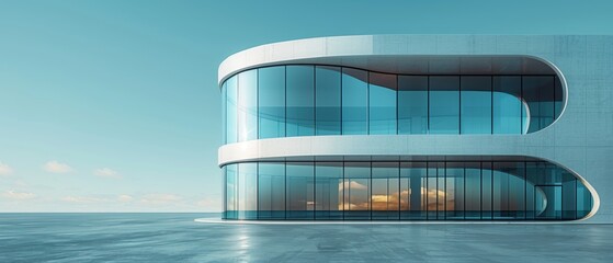 A 3D model of a high-rise curve glass building and dark steel windows set against a clear blue sky. Business concept of future architecture, looking up at an angle.