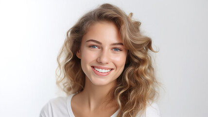 Fototapeta premium portrait of young happy woman looks at camera on white background