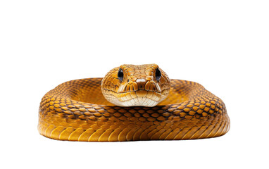 Fototapeta premium A brown snake with scales slithering on a plain white background. The snakes curving body and sharp eyes are prominent in the stark setting.