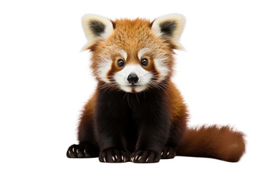 Obraz premium A red panda is seated on the ground, facing the camera directly. The adorable mammal has a curious expression, with its fluffy red fur clearly visible.