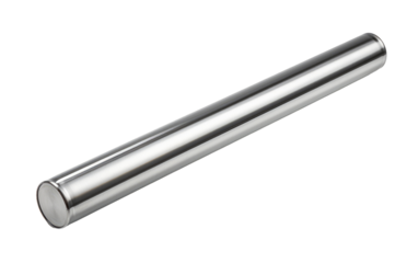 A stainless steel tube. The tube is sleek and metallic, reflecting light in a uniform manner. Its cylindrical shape stands out against the simple background.