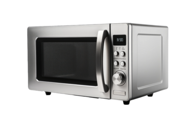 A modern stainless steel microwave oven its sleek design and functionality. The appliance exudes a polished appearance, ready to heat and cook a variety of dishes efficiently.