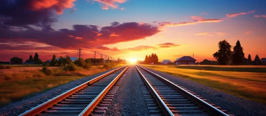 Poster Railroad tracks at sunset. Panoramic view of railway track. © nahij