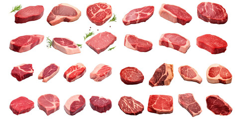 Collection of beef steak isolated on a white background as transparent PNG
