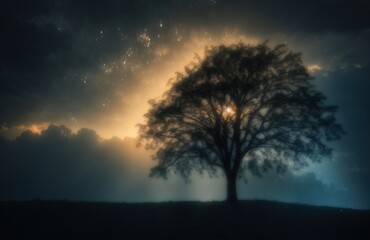 Naklejka premium Dark silhouette of a tree against a backlit sky