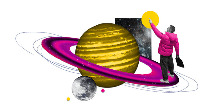 Poster. Contemporary art collage. Young man with briefcase stands on vibrant circles and touching stylized planet. Discovering new words. Concept of metaverse, space exploration, astronomy, futurism.