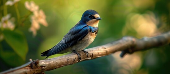 Obraz premium A small blue bird, likely a young swallow, gracefully perched on a tree branch in a contented manner.