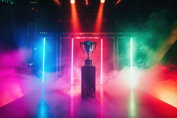 Winner trophy cup in red and blue neon lighting in the dark