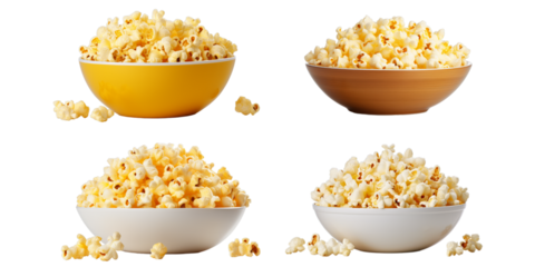 Collection of bowl of popcorn isolated on a white background as transparent PNG