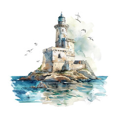 Pharos Lighthouse of Alexandria watercolor on white background.